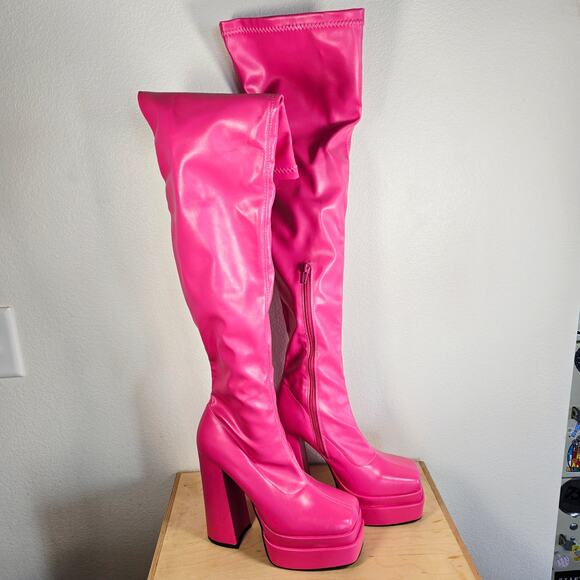 Size 8 Faux Leather Platform Thigh High Sock Boots – Hot Pink (NIB) - Picture 3 of 4